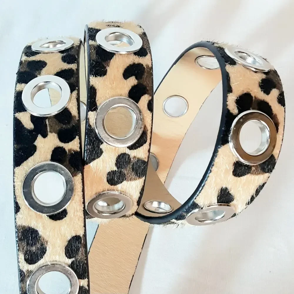 Womens Leopard Print Hairy Faux Leather Belt Size Large Big Grommets